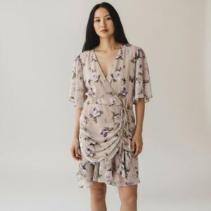 JUST ME Women's Medium Floral Taupe Dress Ruched Draped Above Knee size M